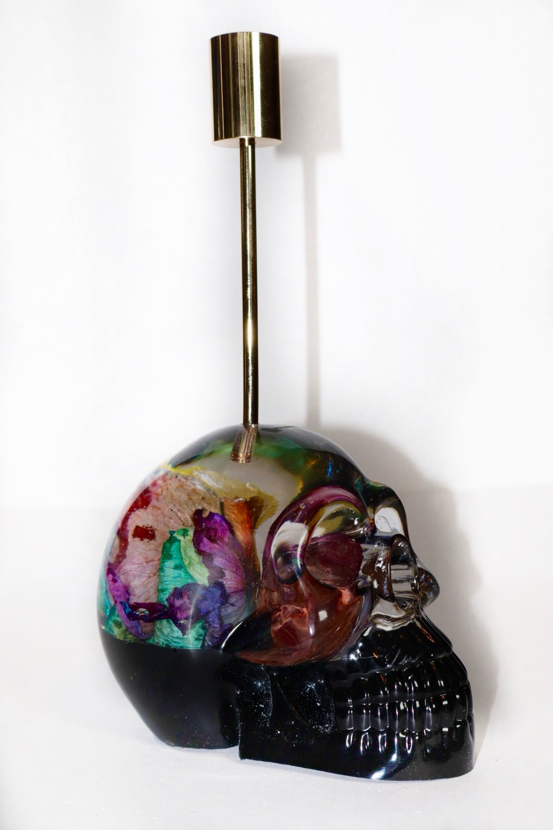 Midnight Rainbow Roses Skull Candle Holder