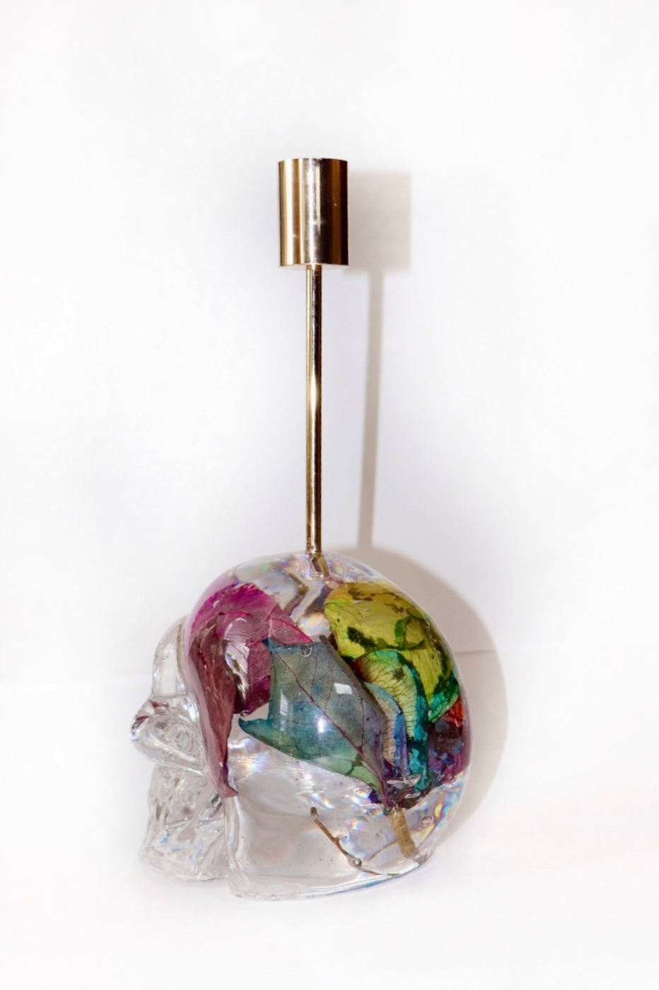 Rainbow Rose Skull Candle Holder